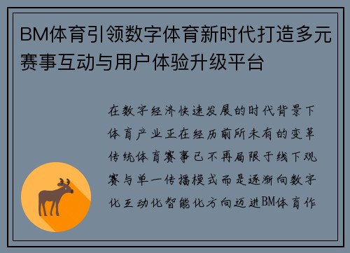 BM体育引领数字体育新时代打造多元赛事互动与用户体验升级平台